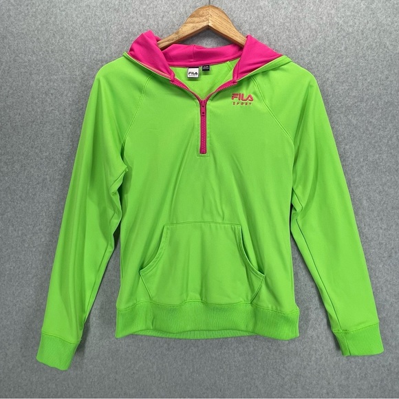 Fila Sport Hoodie Sweater Lime Green and Hot Pink Half Zip Pull Over XL (16) - Picture 1 of 13
